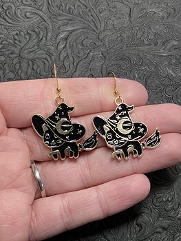 Halloween Black Cat Flying on a Broom Witchy Earrings #9sOyv4p83jE