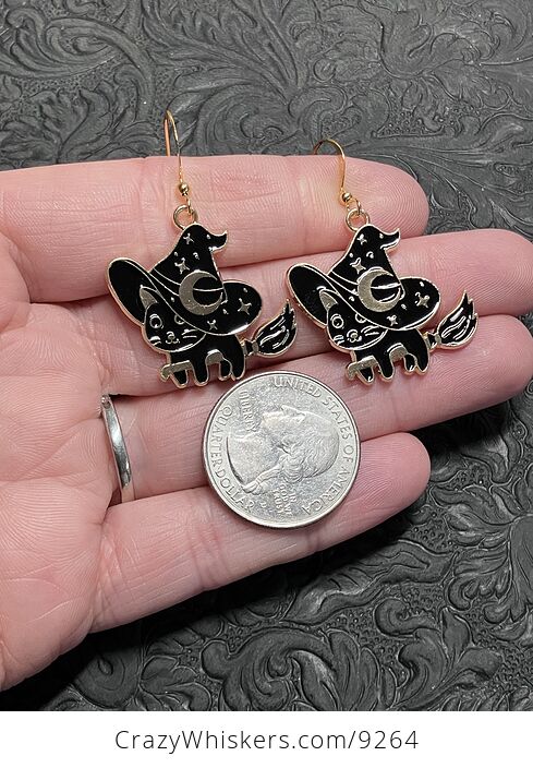 Halloween Black Cat Flying on a Broom Witchy Earrings - #9sOyv4p83jE-4