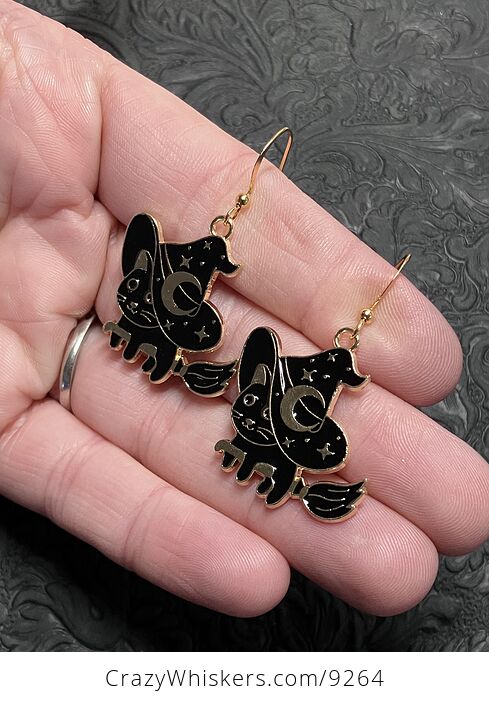 Halloween Black Cat Flying on a Broom Witchy Earrings - #9sOyv4p83jE-3