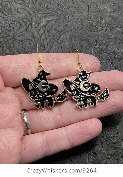 Halloween Black Cat Flying on a Broom Witchy Earrings - #9sOyv4p83jE-1