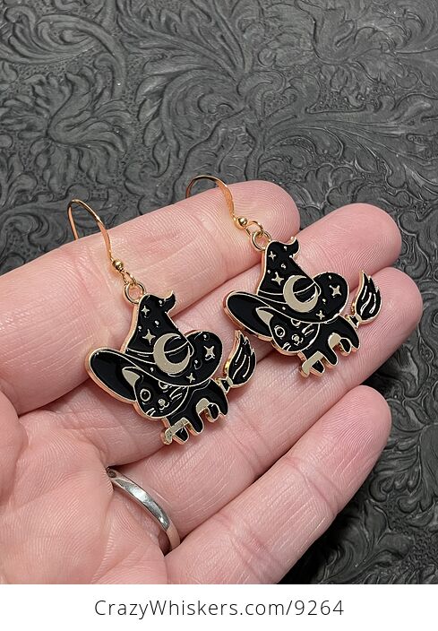 Halloween Black Cat Flying on a Broom Witchy Earrings - #9sOyv4p83jE-2