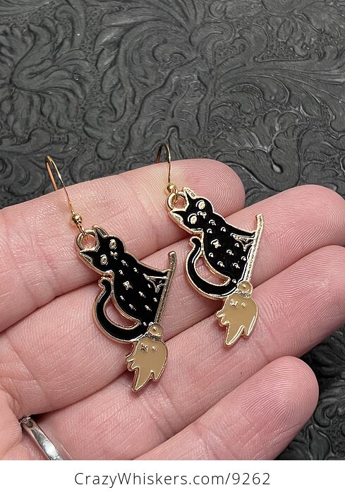 Halloween Black Cat Flying on a Broom Witchy Earrings - #jYfMqYFVYfI-2