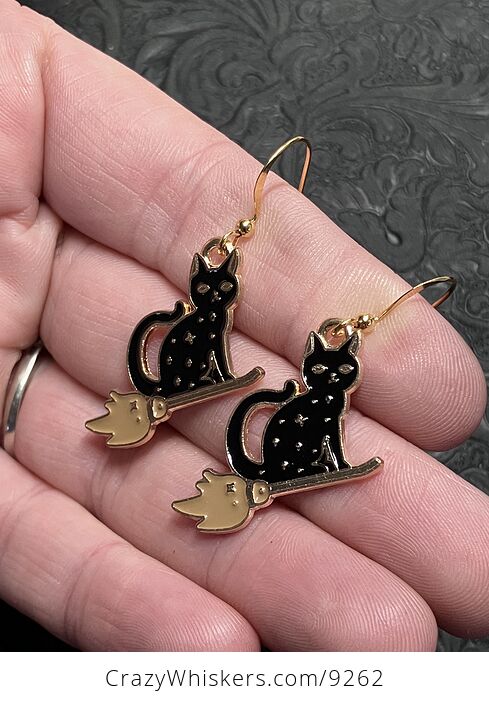 Halloween Black Cat Flying on a Broom Witchy Earrings - #jYfMqYFVYfI-3