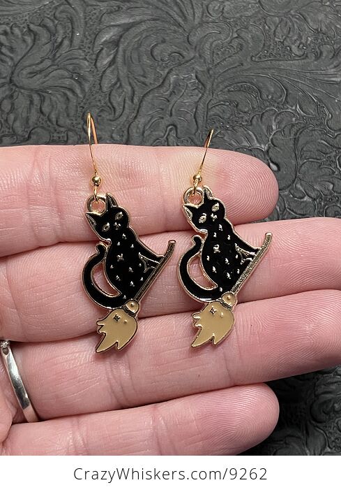 Halloween Black Cat Flying on a Broom Witchy Earrings - #jYfMqYFVYfI-1