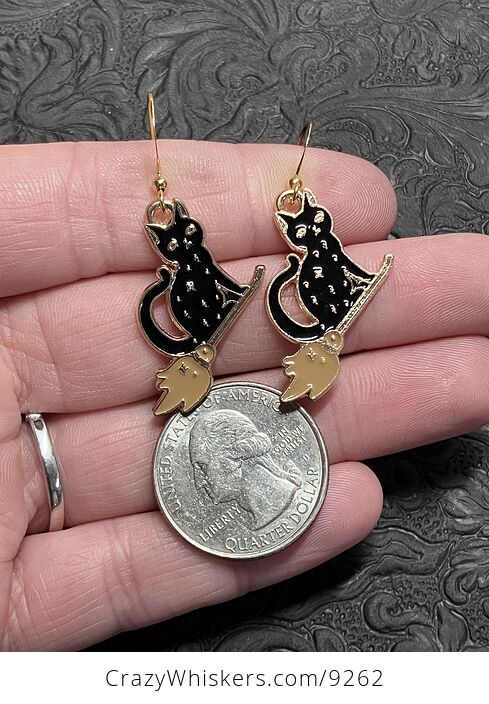 Halloween Black Cat Flying on a Broom Witchy Earrings - #jYfMqYFVYfI-4