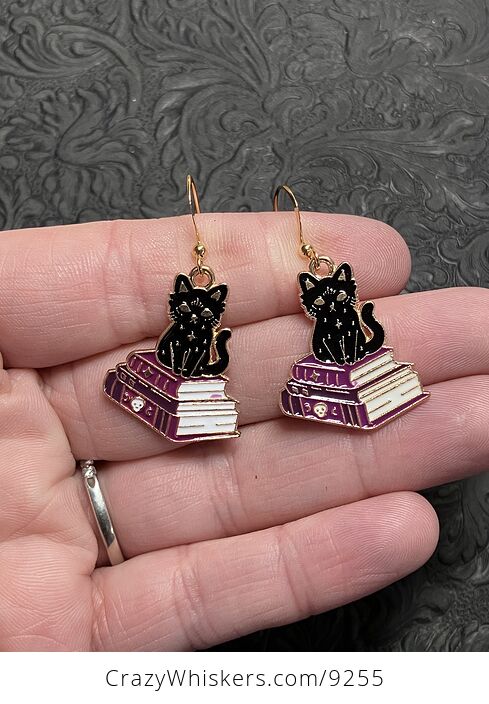 Halloween Black Cat on Spell Book Witchy Earrings - #kXjiRzceJsI-1