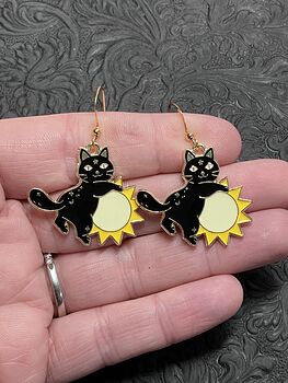 Halloween Black Cat on Sun Witchy Earrings #dh4RzFRszQo