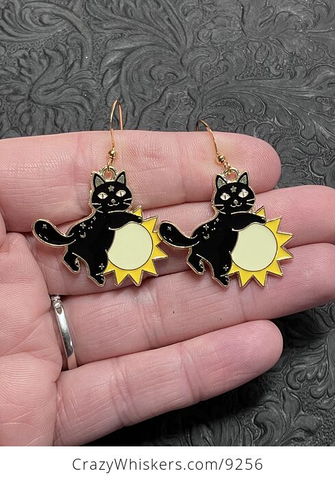 Halloween Black Cat on Sun Witchy Earrings - #dh4RzFRszQo-1