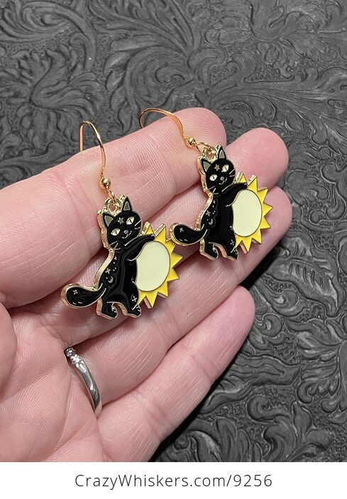 Halloween Black Cat on Sun Witchy Earrings - #dh4RzFRszQo-2