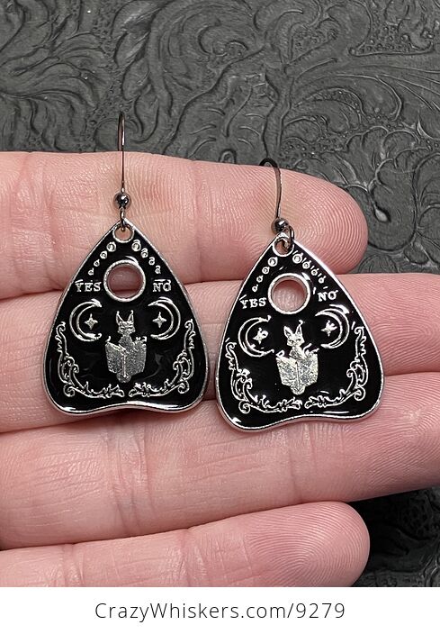 Halloween Black Cat Ouija Board Planchette Kitty Witchy Earrings - #1E2L3noAs0o-1