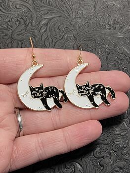 Halloween Black Cat Sleeping on Crescent Moon Witchy Earrings #dspQDCfWLkA