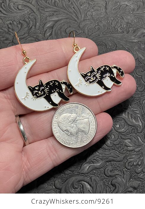 Halloween Black Cat Sleeping on Crescent Moon Witchy Earrings - #dspQDCfWLkA-4