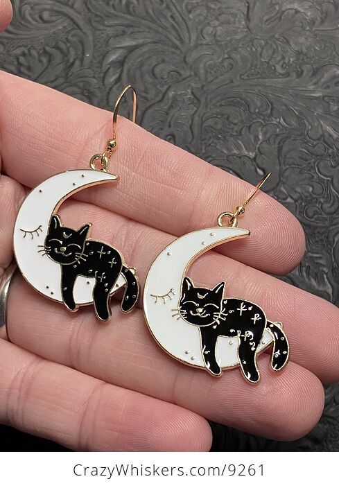 Halloween Black Cat Sleeping on Crescent Moon Witchy Earrings - #dspQDCfWLkA-3