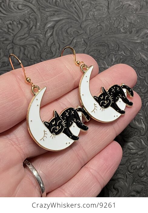 Halloween Black Cat Sleeping on Crescent Moon Witchy Earrings - #dspQDCfWLkA-2