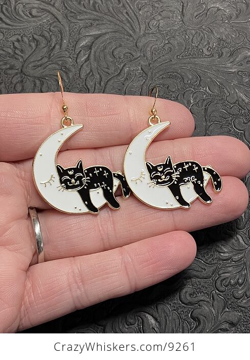 Halloween Black Cat Sleeping on Crescent Moon Witchy Earrings - #dspQDCfWLkA-1