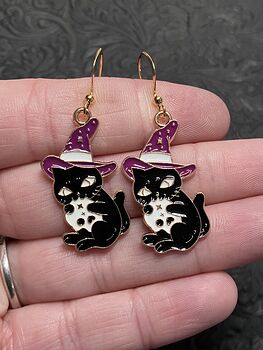 Halloween Witchy Black Cat Hugging Skull Earrings #7lzjzVQDX8o