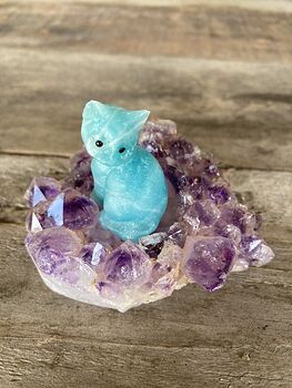 Hand Carved Blue Amazonite Stone Kitty Cat Kitten Figurine and Amethyst Cluster Platform #LePtj6YaOHE