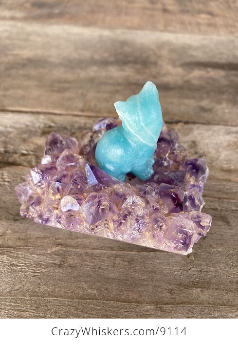 Hand Carved Blue Amazonite Stone Kitty Cat Kitten Figurine and Amethyst Cluster Platform - #LePtj6YaOHE-3
