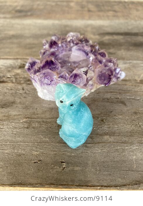 Hand Carved Blue Amazonite Stone Kitty Cat Kitten Figurine and Amethyst Cluster Platform - #LePtj6YaOHE-6