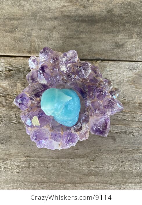 Hand Carved Blue Amazonite Stone Kitty Cat Kitten Figurine and Amethyst Cluster Platform - #LePtj6YaOHE-7