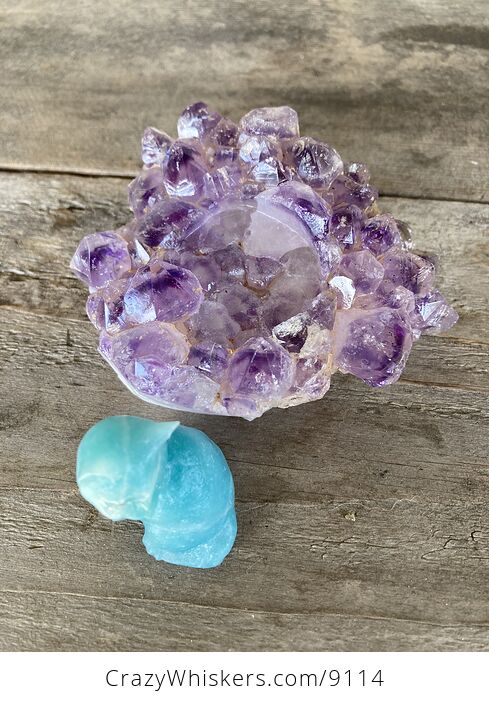 Hand Carved Blue Amazonite Stone Kitty Cat Kitten Figurine and Amethyst Cluster Platform - #LePtj6YaOHE-5