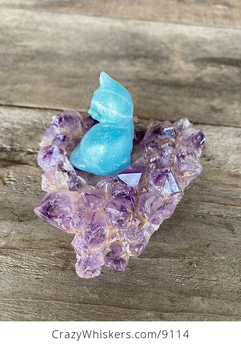 Hand Carved Blue Amazonite Stone Kitty Cat Kitten Figurine and Amethyst Cluster Platform - #LePtj6YaOHE-2