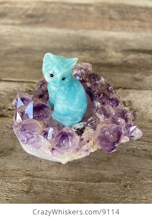 Hand Carved Blue Amazonite Stone Kitty Cat Kitten Figurine and Amethyst Cluster Platform - #LePtj6YaOHE-1