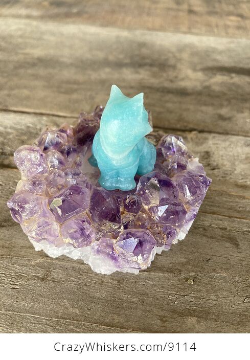 Hand Carved Blue Amazonite Stone Kitty Cat Kitten Figurine and Amethyst Cluster Platform - #LePtj6YaOHE-4
