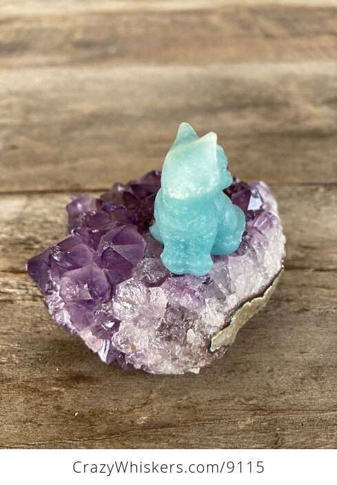 Hand Carved Blue Amazonite Stone Kitty Cat Kitten Figurine and Amethyst Cluster Platform - #N1LM9ehQV2k-5