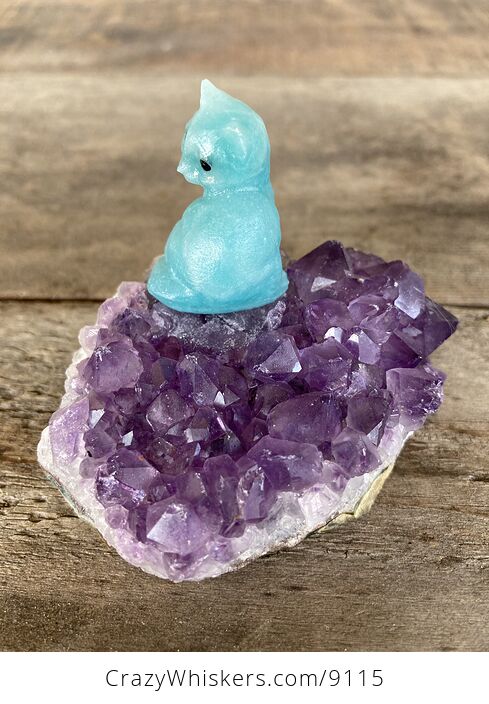 Hand Carved Blue Amazonite Stone Kitty Cat Kitten Figurine and Amethyst Cluster Platform - #N1LM9ehQV2k-3