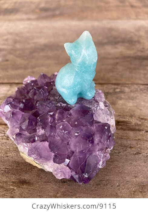 Hand Carved Blue Amazonite Stone Kitty Cat Kitten Figurine and Amethyst Cluster Platform - #N1LM9ehQV2k-4