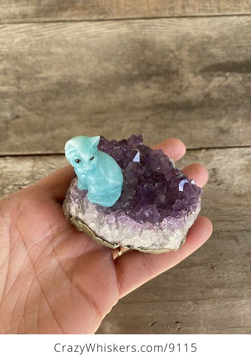 Hand Carved Blue Amazonite Stone Kitty Cat Kitten Figurine and Amethyst Cluster Platform - #N1LM9ehQV2k-9