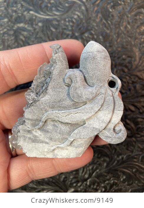 Hand Carved Dual Sided Gray Quartz Crystal Stone Octopus Figurine - #8efMFLZHkmw-2