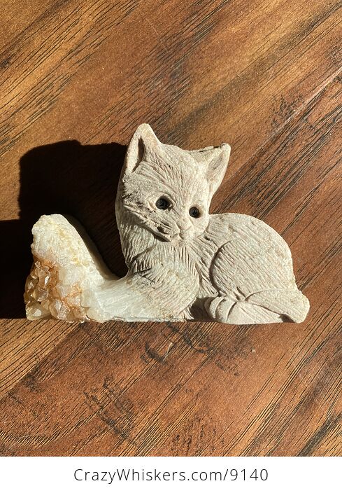 Hand Carved Kitten Figurine in Quartz Crystal Stone - #6XJPgKisxGw-1