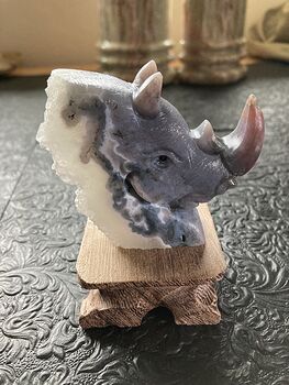 Hand Carved Rhinoceros Head in Fancy Agate Crystal Stone #xJswfsiTaL0