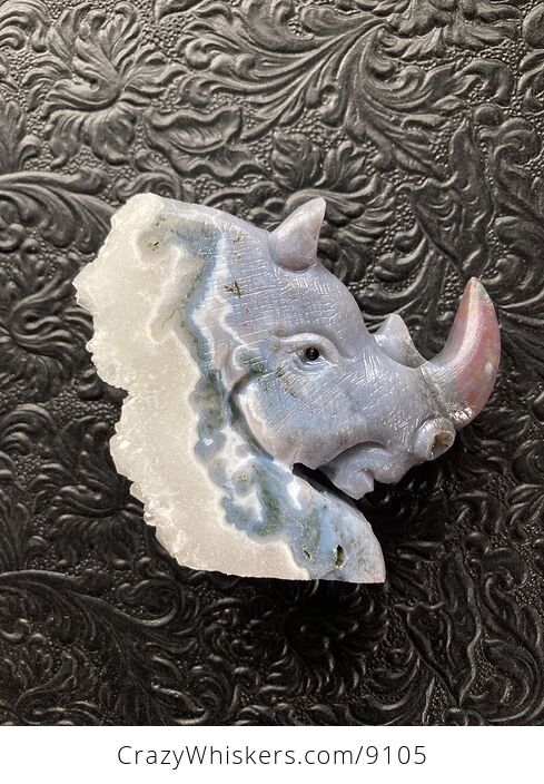 Hand Carved Rhinoceros Head in Fancy Agate Crystal Stone - #xJswfsiTaL0-2