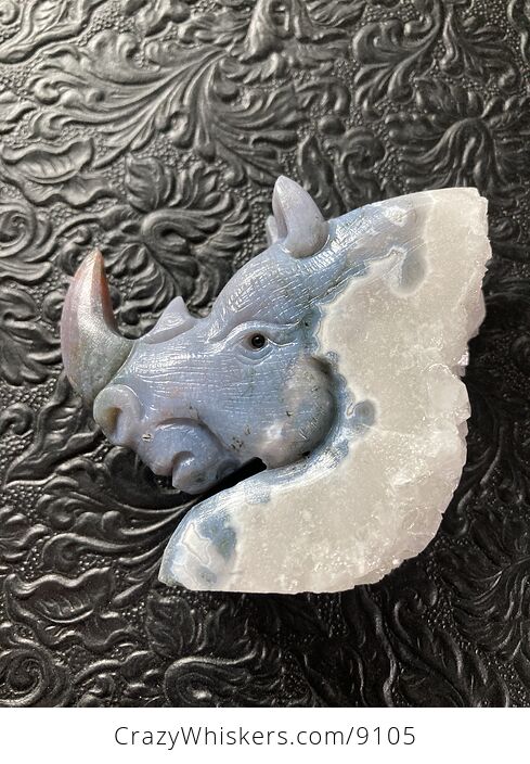 Hand Carved Rhinoceros Head in Fancy Agate Crystal Stone - #xJswfsiTaL0-12