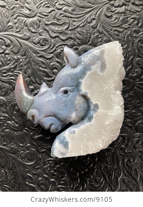 Hand Carved Rhinoceros Head in Fancy Agate Crystal Stone - #xJswfsiTaL0-4