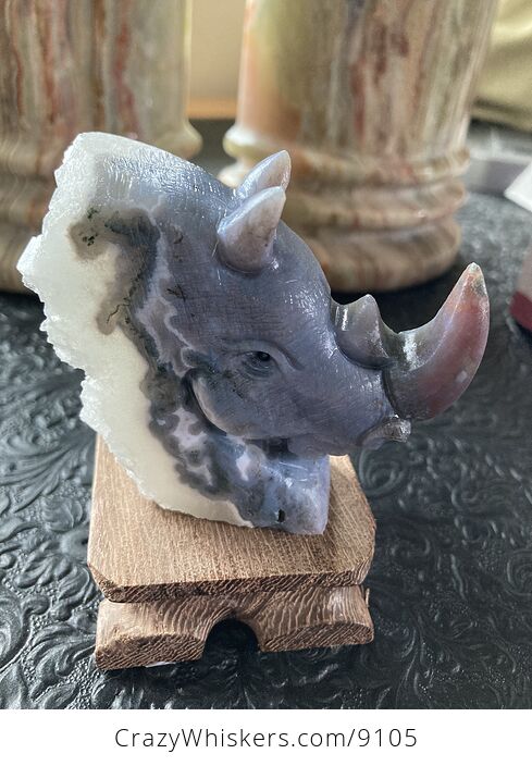Hand Carved Rhinoceros Head in Fancy Agate Crystal Stone - #xJswfsiTaL0-9