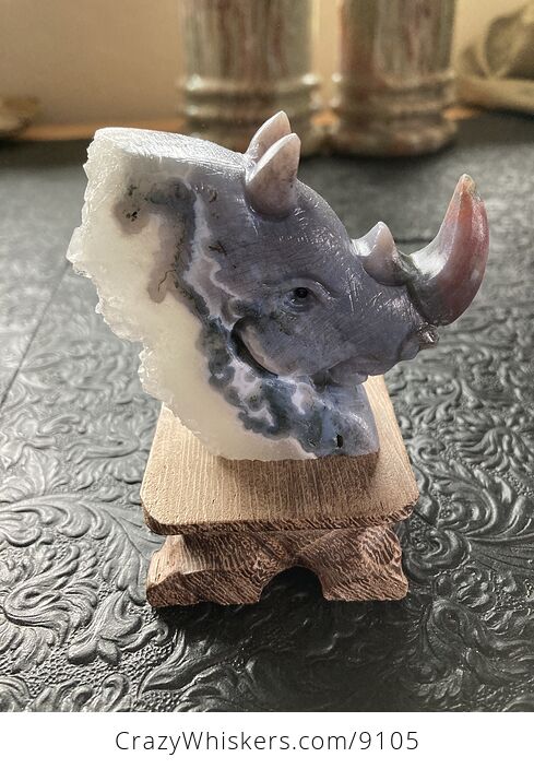 Hand Carved Rhinoceros Head in Fancy Agate Crystal Stone - #xJswfsiTaL0-1