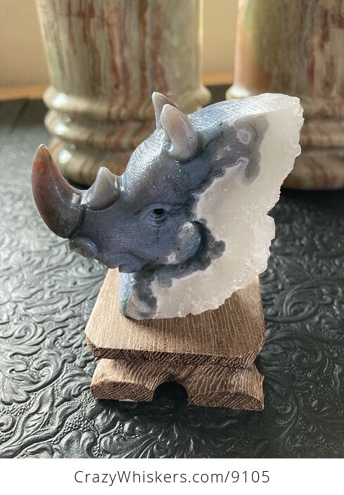 Hand Carved Rhinoceros Head in Fancy Agate Crystal Stone - #xJswfsiTaL0-5