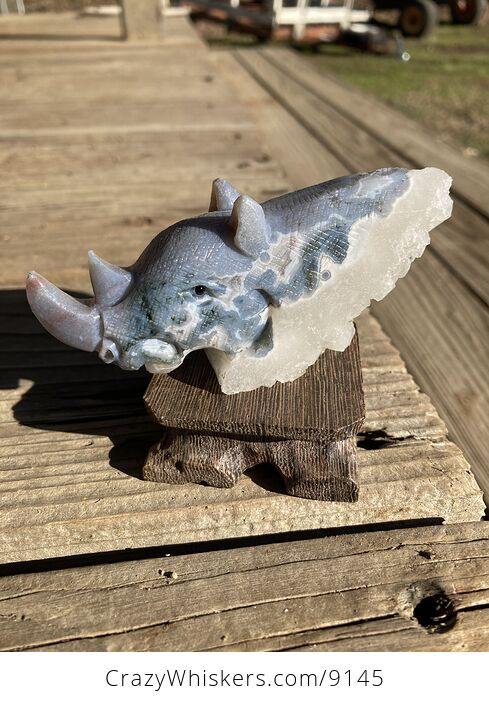 Hand Carved Rhinoceros Head in Moss Agate Crystal Stone - #630XcL5uAIY-1
