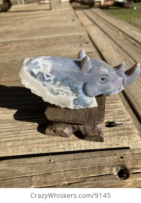 Hand Carved Rhinoceros Head in Moss Agate Crystal Stone - #630XcL5uAIY-2