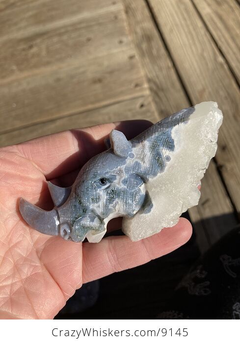 Hand Carved Rhinoceros Head in Moss Agate Crystal Stone - #630XcL5uAIY-8
