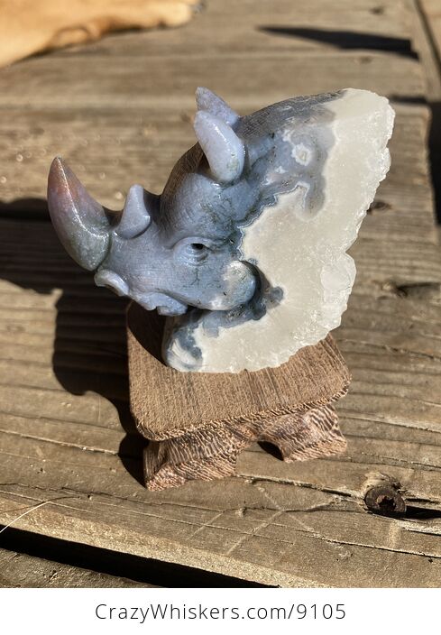 Hand Carved Rhinoceros Head in Moss Agate Crystal Stone - #xJswfsiTaL0-2