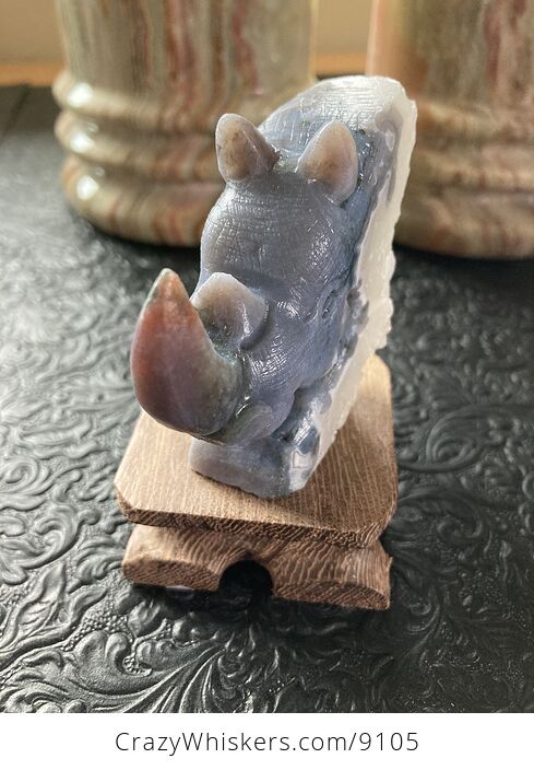 Hand Carved Rhinoceros Head in Moss Agate Crystal Stone - #xJswfsiTaL0-13