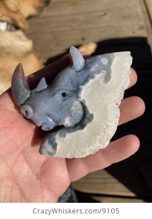 Hand Carved Rhinoceros Head in Moss Agate Crystal Stone - #xJswfsiTaL0-3