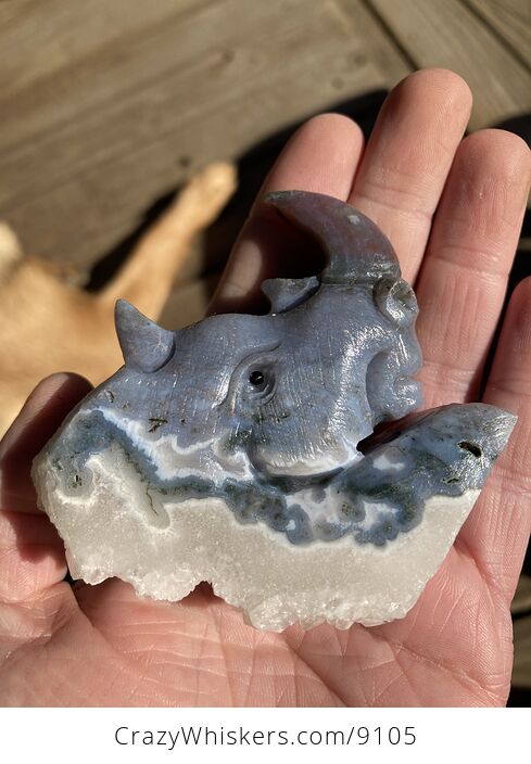 Hand Carved Rhinoceros Head in Moss Agate Crystal Stone - #xJswfsiTaL0-5