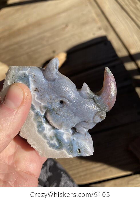 Hand Carved Rhinoceros Head in Moss Agate Crystal Stone - #xJswfsiTaL0-6