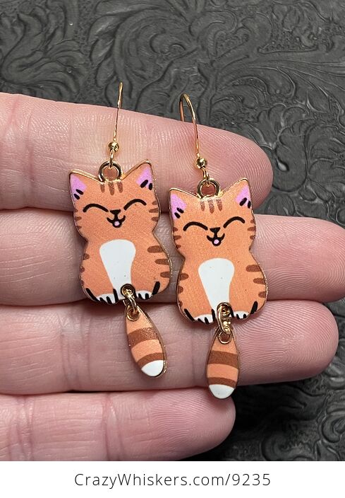 Happy Ginger Cat Dangly Tail Earrings - #FZu5QS76aQU-1